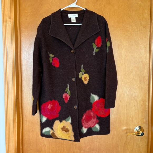 Susan Bristol Sweaters - Susan Bristol Cardigan Sweater Women XL Brown Wool Hand Embroidered Floral Long